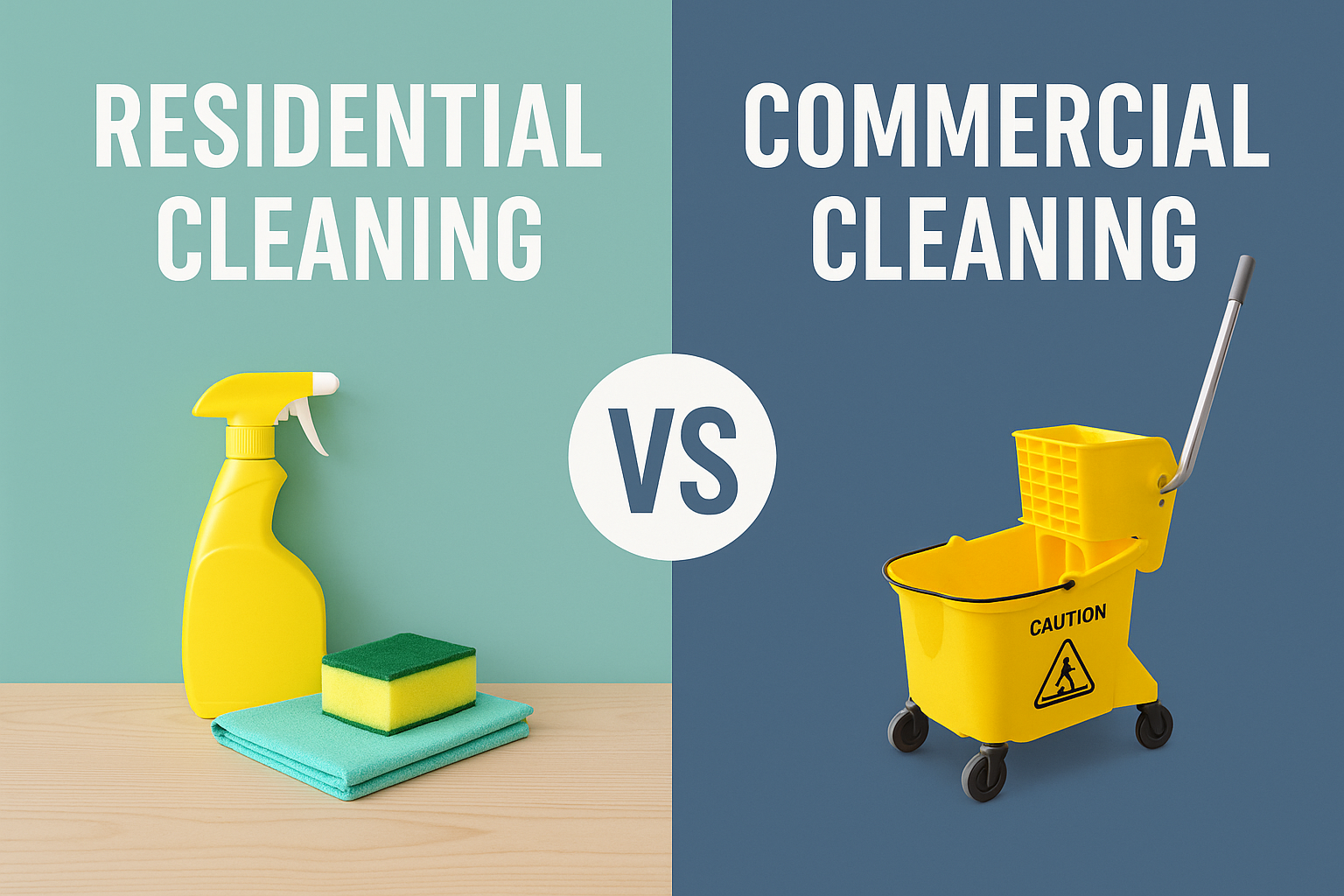 Comparison graphic showing the differences between residential and commercial cleaning businesses, highlighting startup costs, target clients, and growth potential.