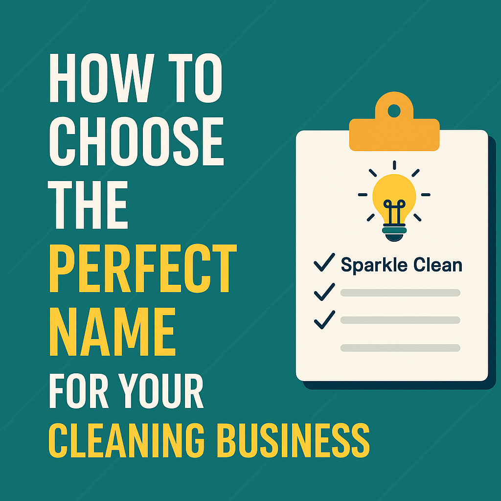 Digital graphic showing tips for choosing the perfect name for a cleaning business with branding elements and cleaning icons.