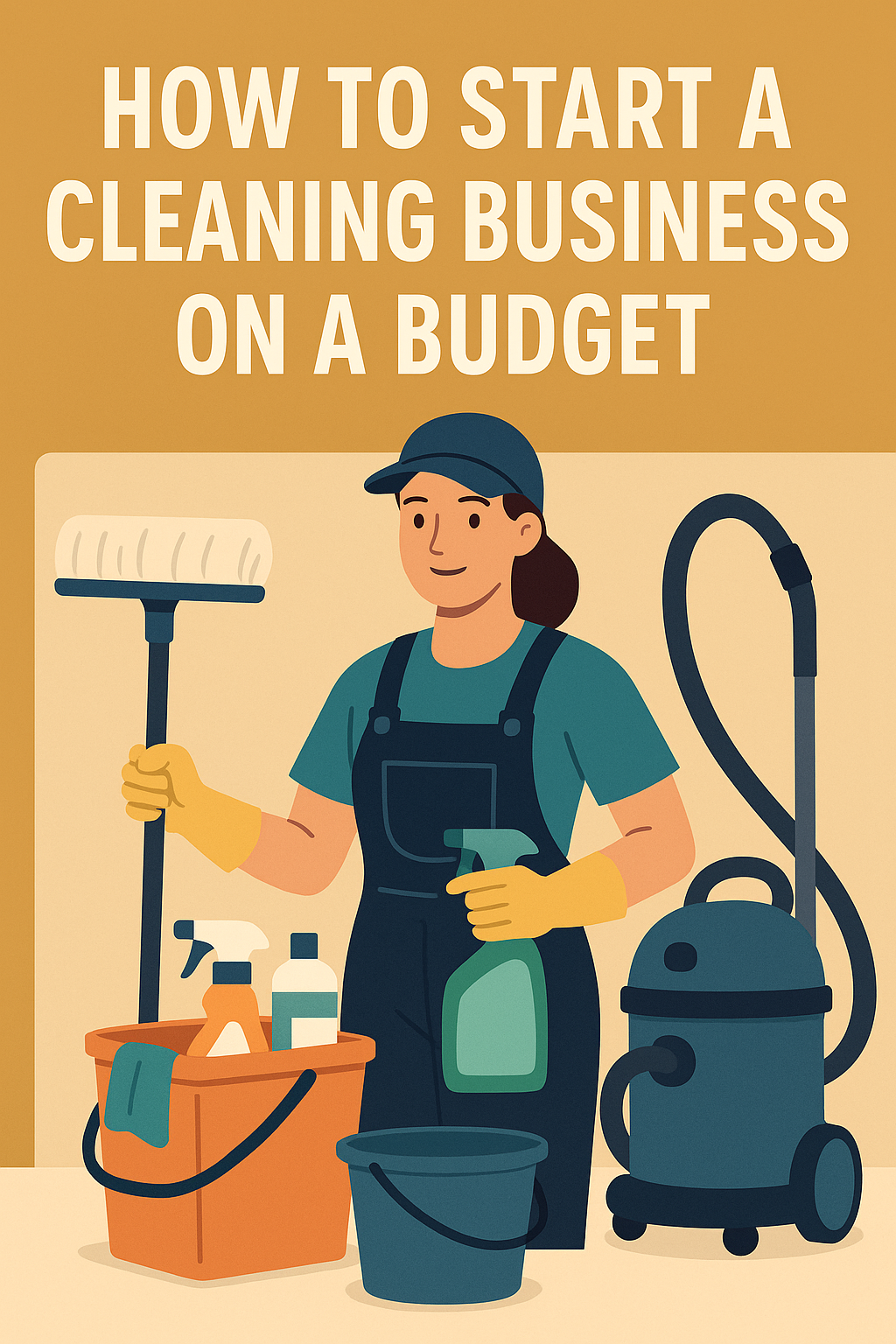 A guide to starting a cleaning business with less than $1,000, showing tools and supplies for cleaning services.