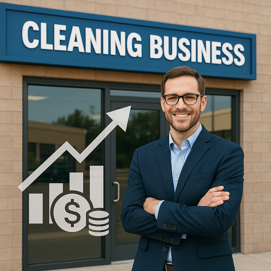 Entrepreneur standing in front of a cleaning business franchise with upward financial growth icons.