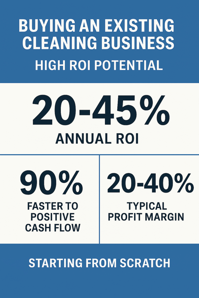 Infographic comparing cleaning business ROI, franchise costs, and advantages of buying an established cleaning business over starting from scratch.