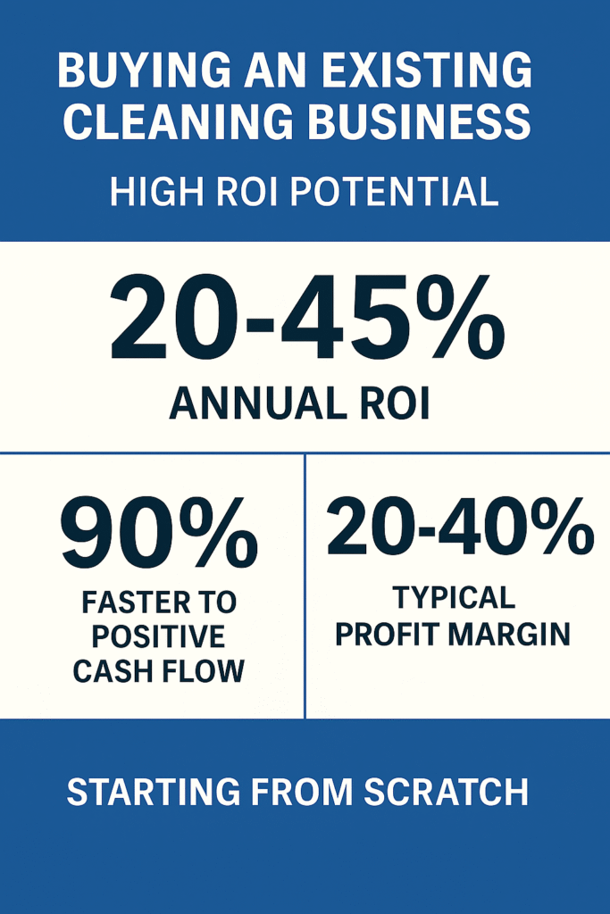 Infographic comparing cleaning business ROI, franchise costs, and advantages of buying an established cleaning business over starting from scratch.