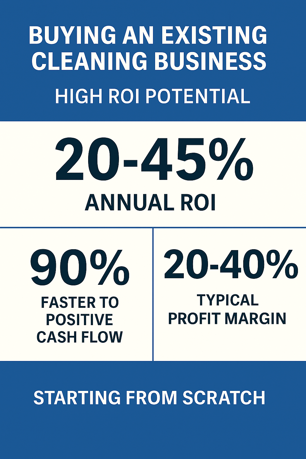 Infographic comparing cleaning business ROI, franchise costs, and advantages of buying an established cleaning business over starting from scratch.