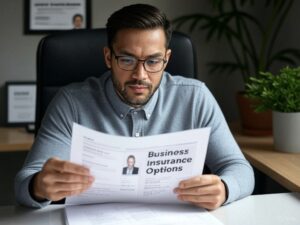 Illustration of cleaning business owner reviewing insurance and licensing documents